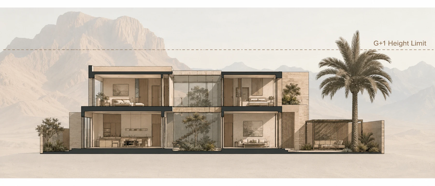 Villa cross-section kept to G+1 beneath the heritage height limit, with Jebel Hafit beyond