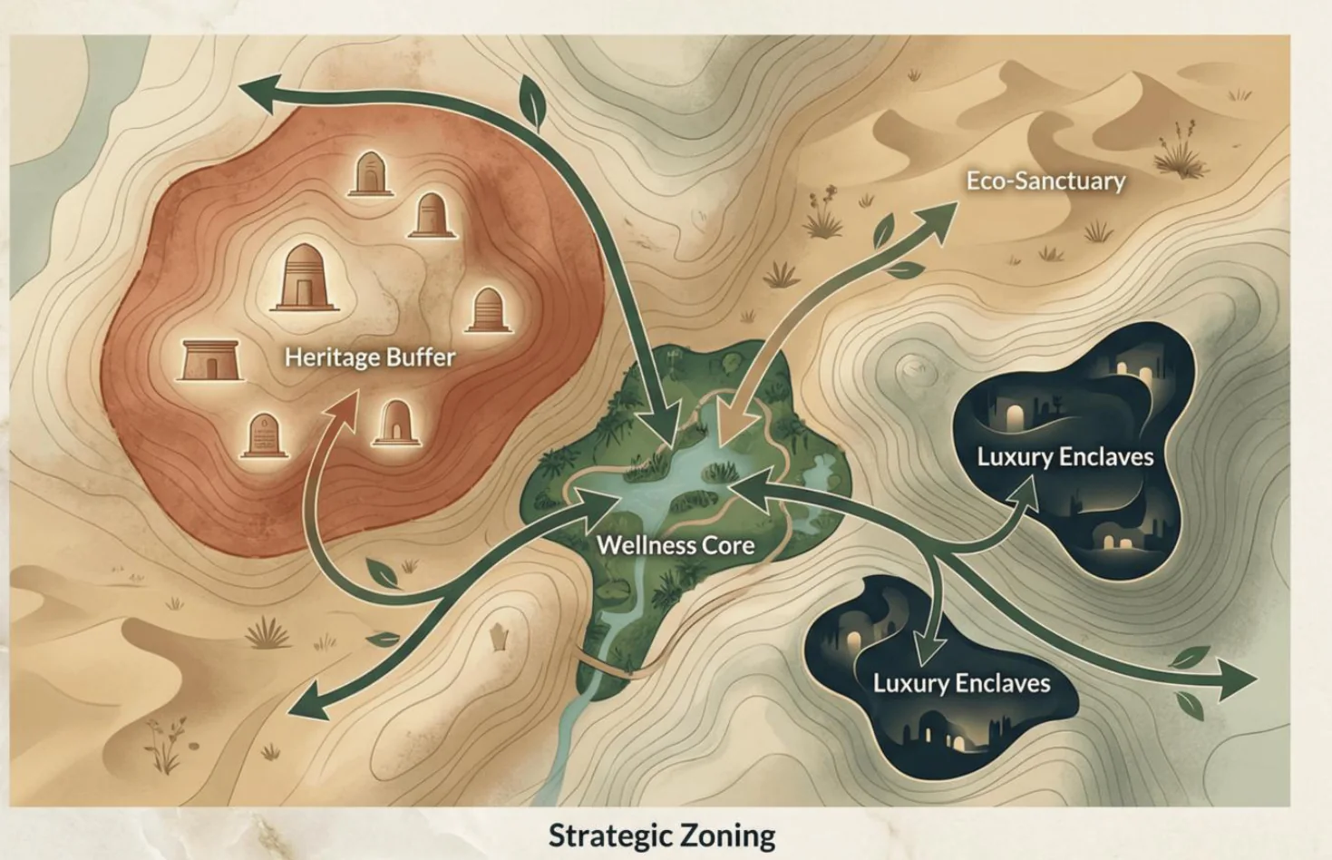 Site strategy diagram showing the Heritage Buffer, Eco-Sanctuary, Wellness Core and Luxury Enclaves