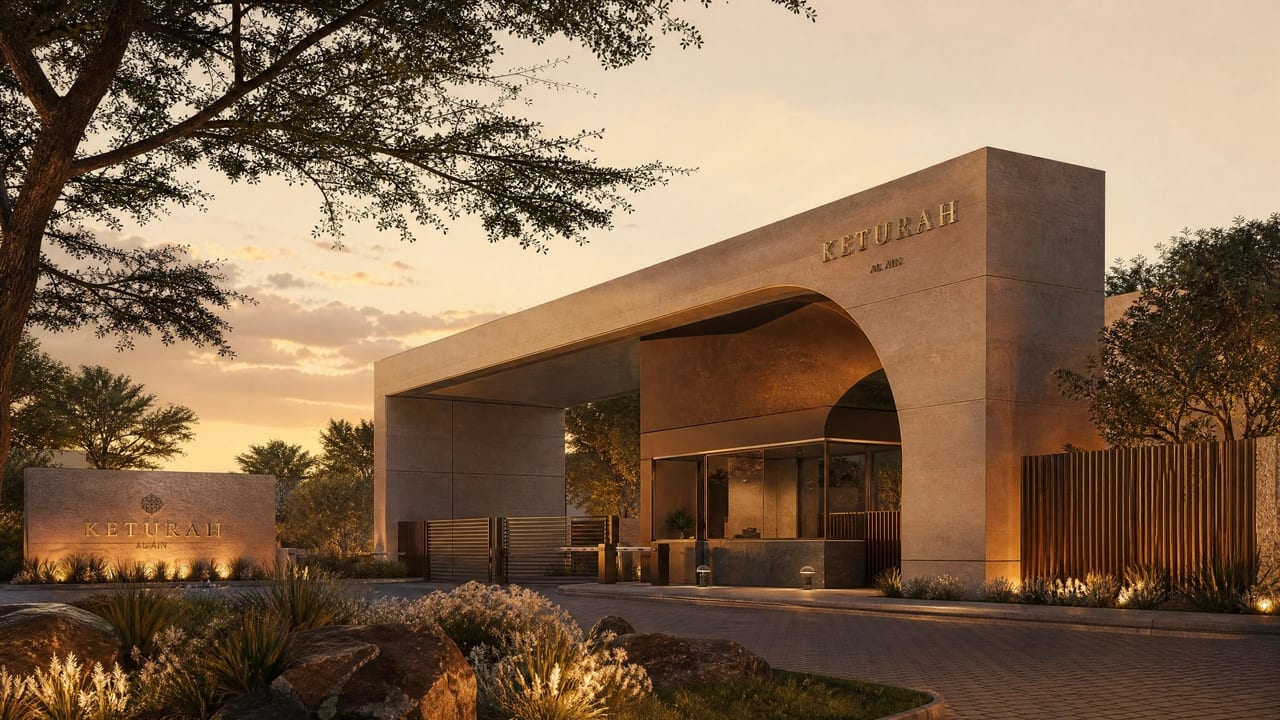 The arrival gatehouse at golden hour — a deep stone canopy carrying the Keturah name above a lit reception.