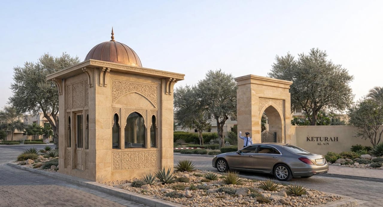 A domed guard pavilion in carved stone beside the community entrance, a car received at the gate.