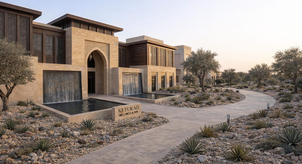 A quieter elevation of the wellness centre at dusk.