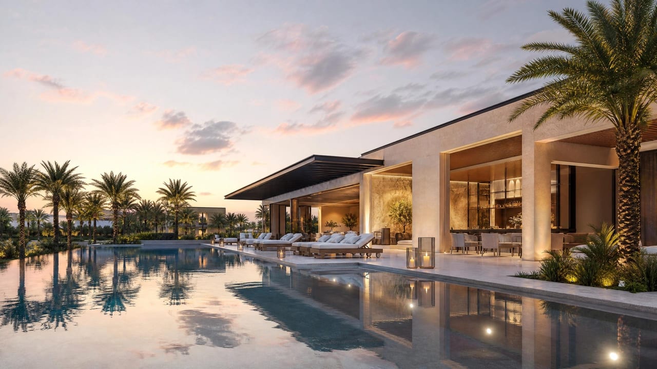 The pool house at twilight, warm interior light spilling across a still reflecting pool.