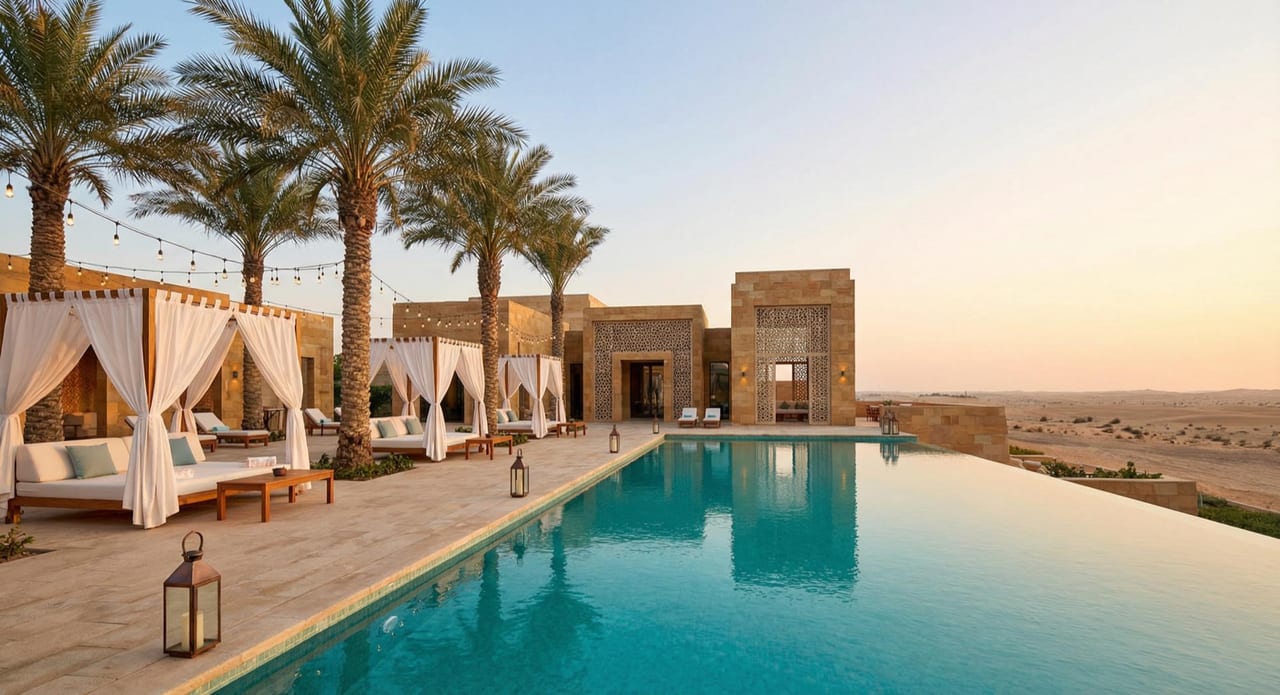 The pool house terrace opening onto the swimming pool at sunset.
