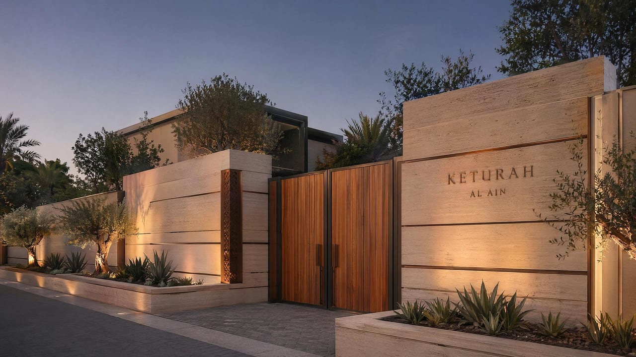 A rammed-earth boundary wall meeting native planting along a shaded lane.