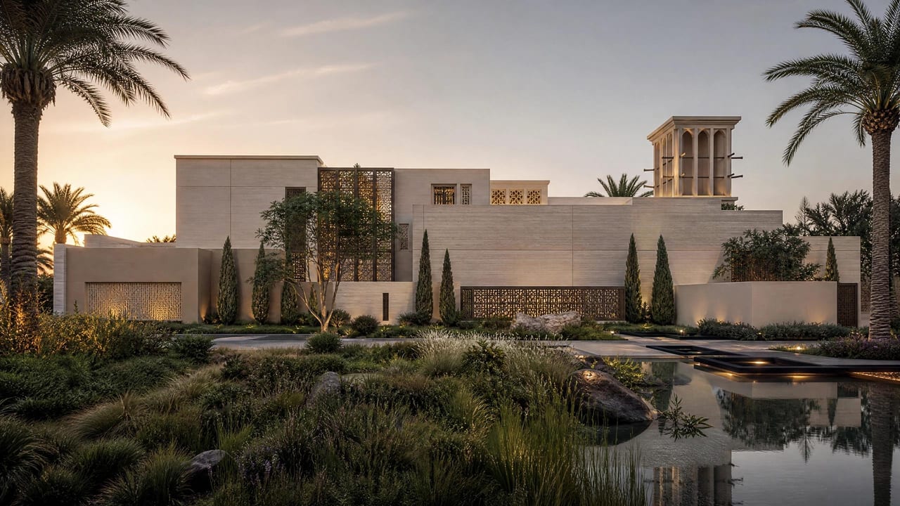 A private villa at sunrise, stone walls warmed by low eastern light above a garden.