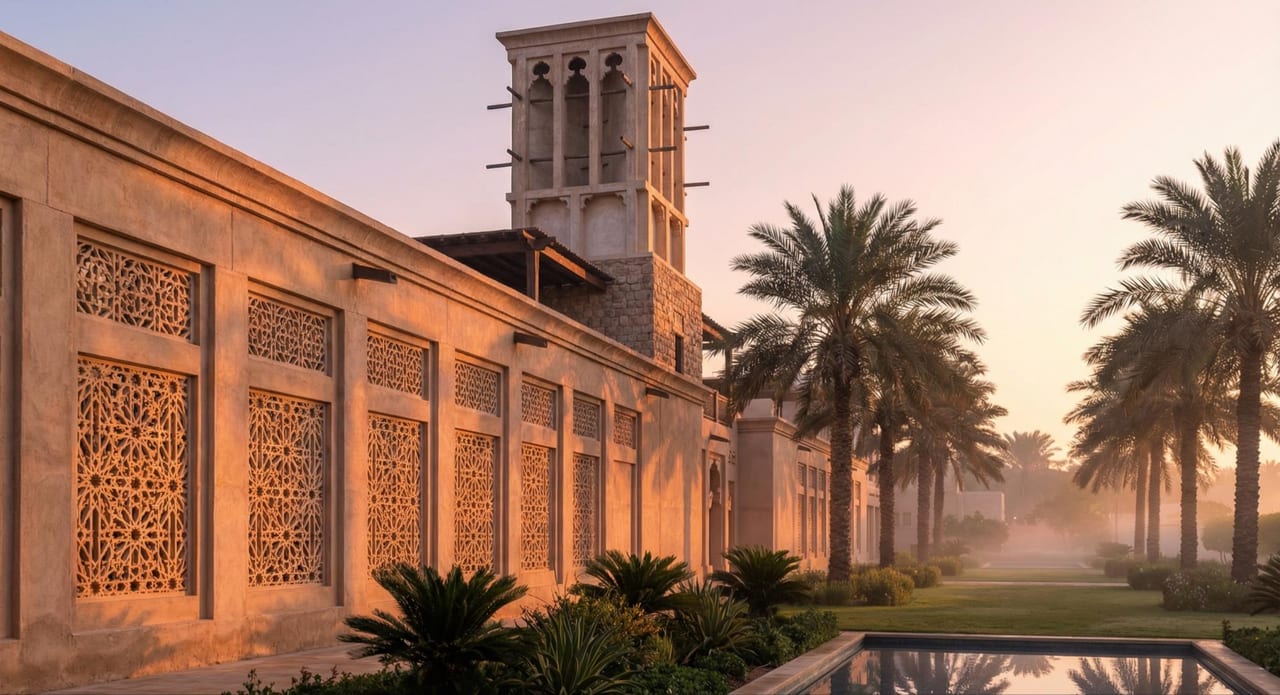 The villa garden elevation at sunrise.