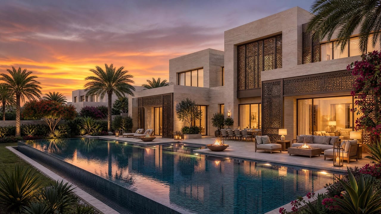 The villa pool terrace at sunset, still water mirroring a saturated desert sky.