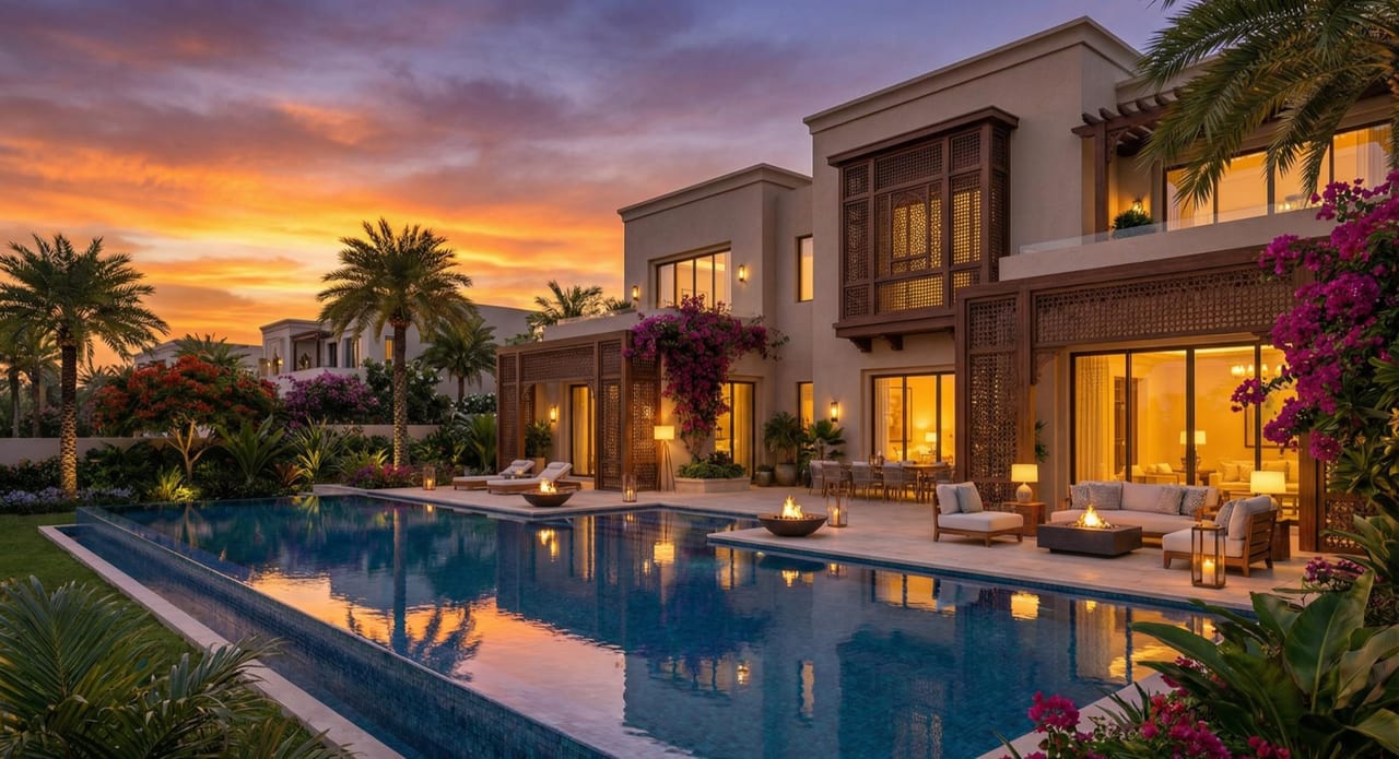 The villa pool and terrace under a sunset sky.