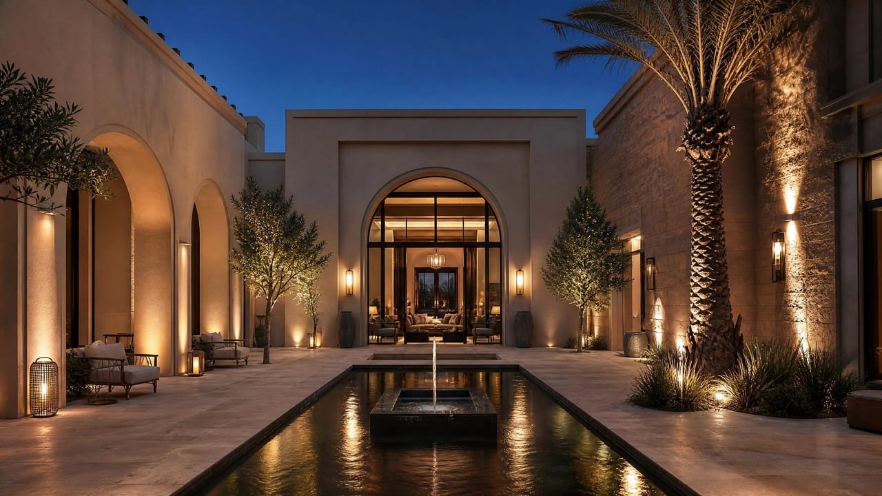 An enclosed villa courtyard at twilight, palms and lanterns around a calm pool.