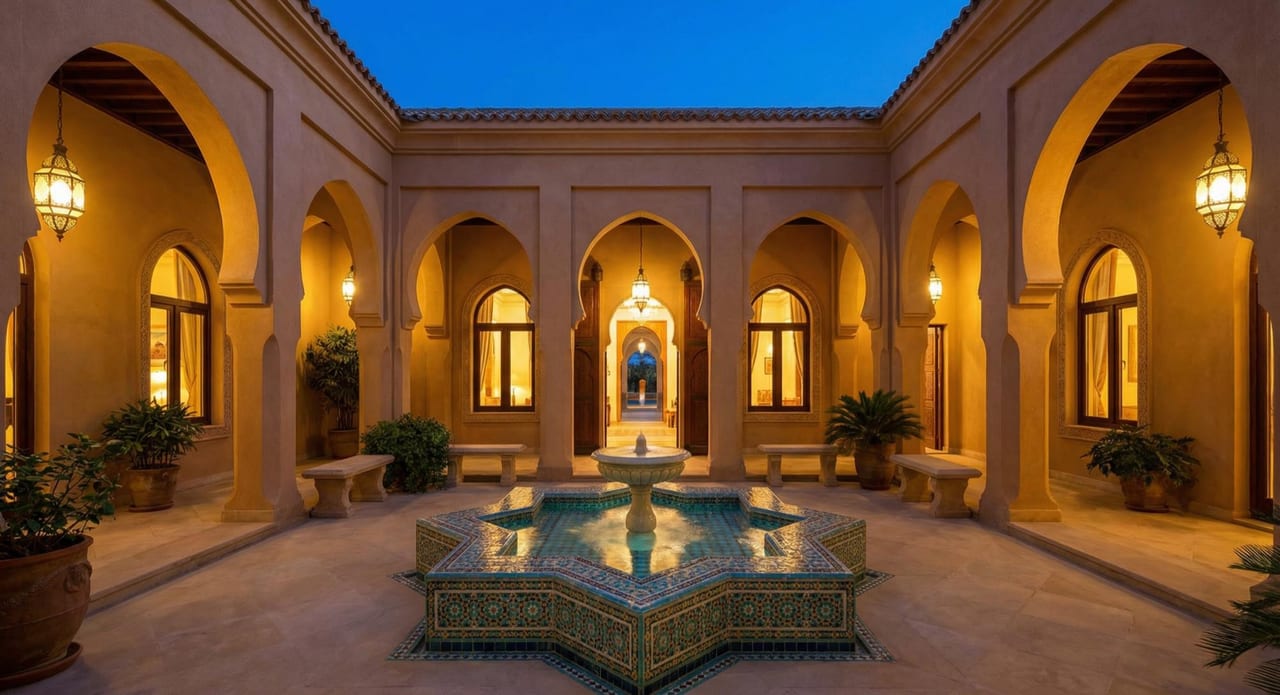The villa courtyard at twilight with lit arcades.