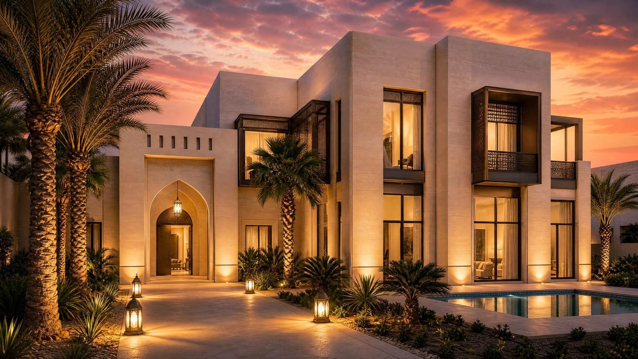 A villa terrace and pool as evening settles.