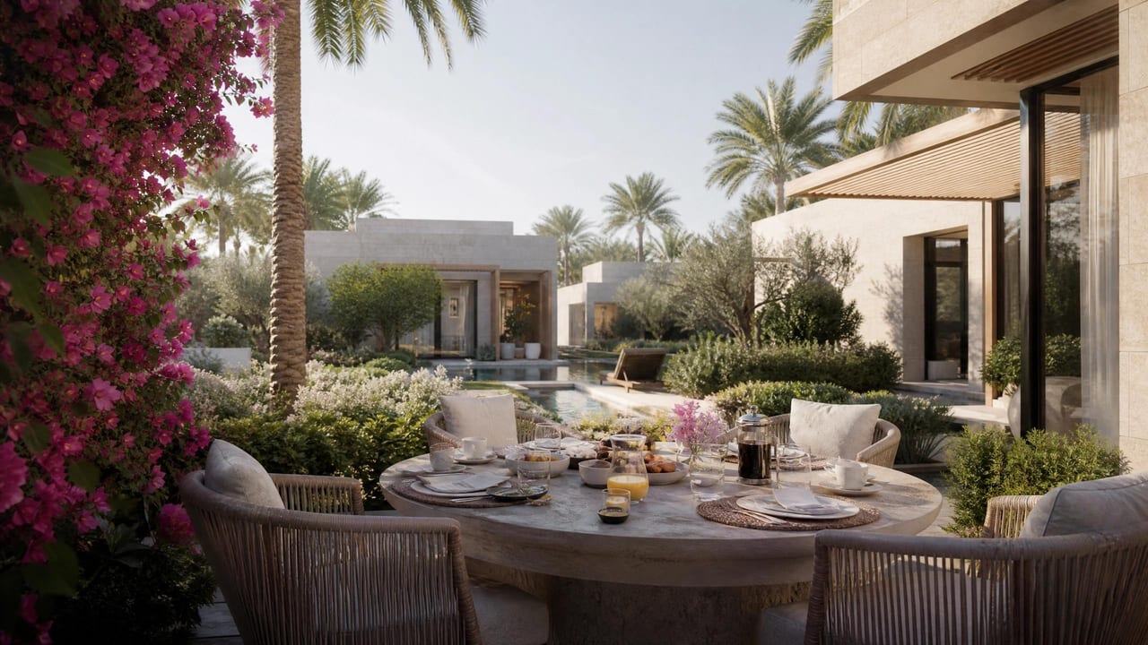 Breakfast laid on a villa terrace opening to a green morning garden.