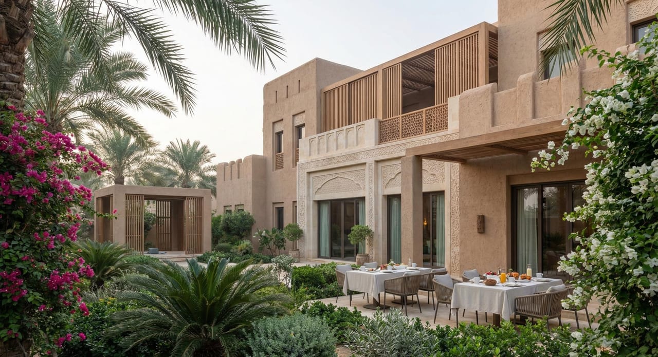 The villa's garden room in morning light.