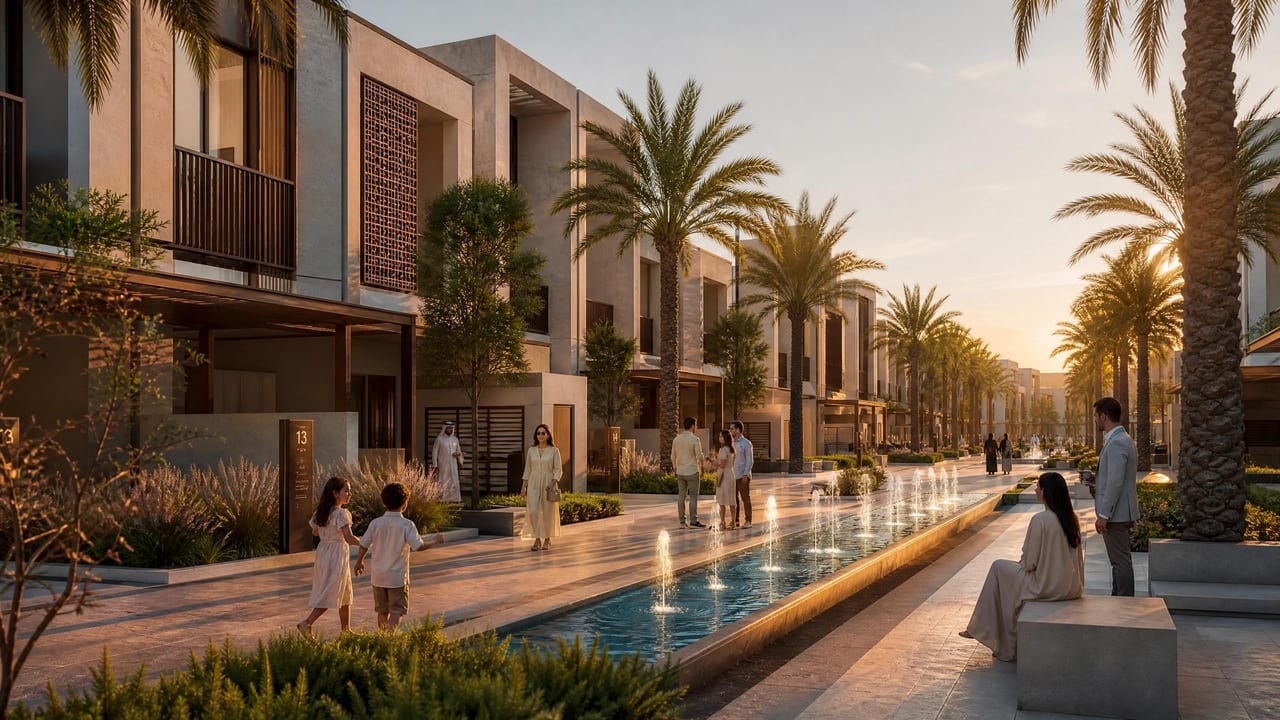 A row of townhouses at golden hour, stepped stone facades along a planted street.