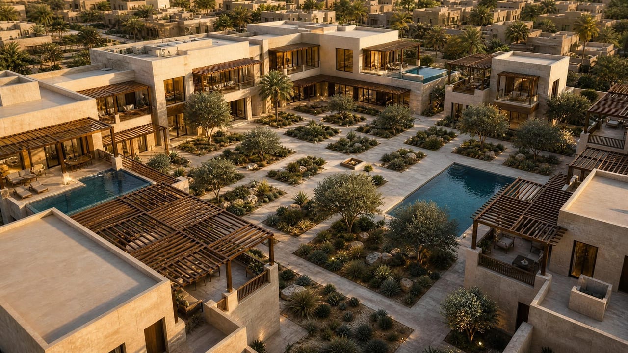 Aerial view of villa estates set within gardens and walled courtyards.