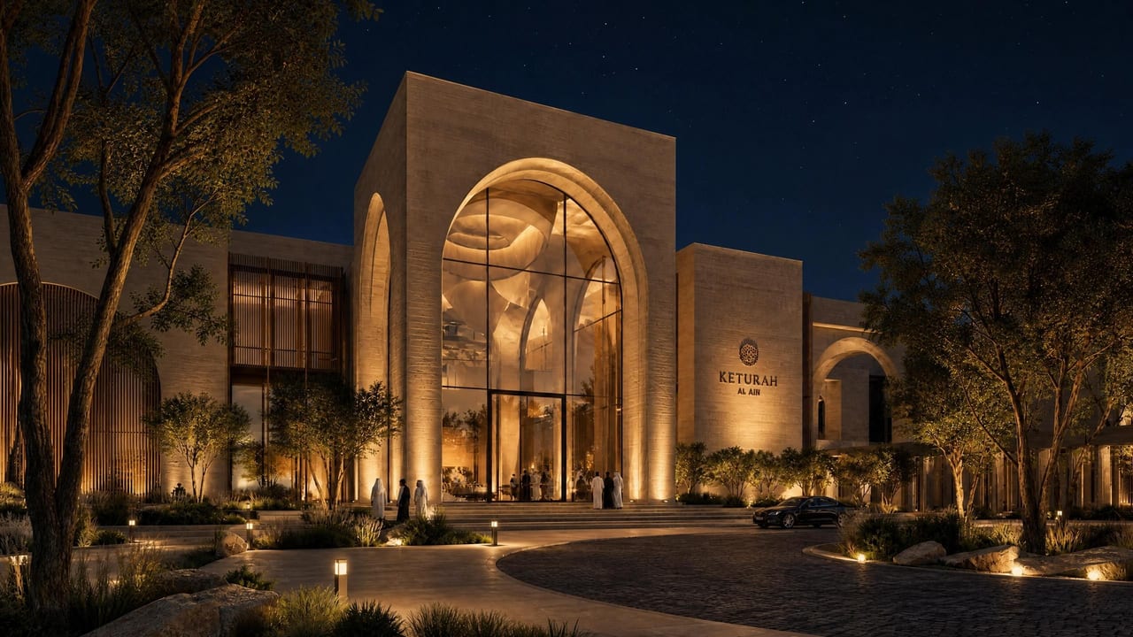 The community building at night, lantern-lit arcades reflected in the plaza floor.