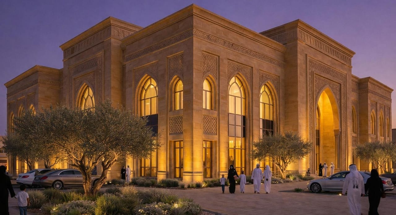 The community building glowing after dark.