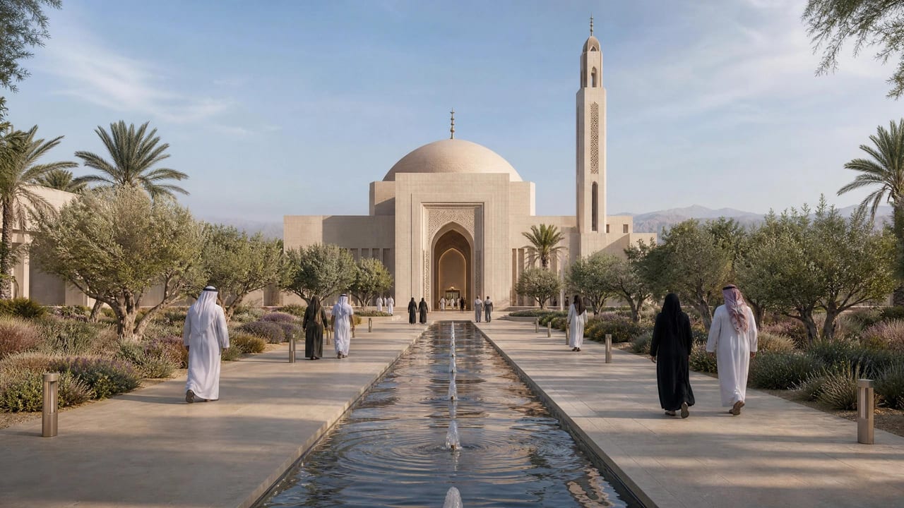 The community mosque, its minaret rising in pale stone above a reflecting court.