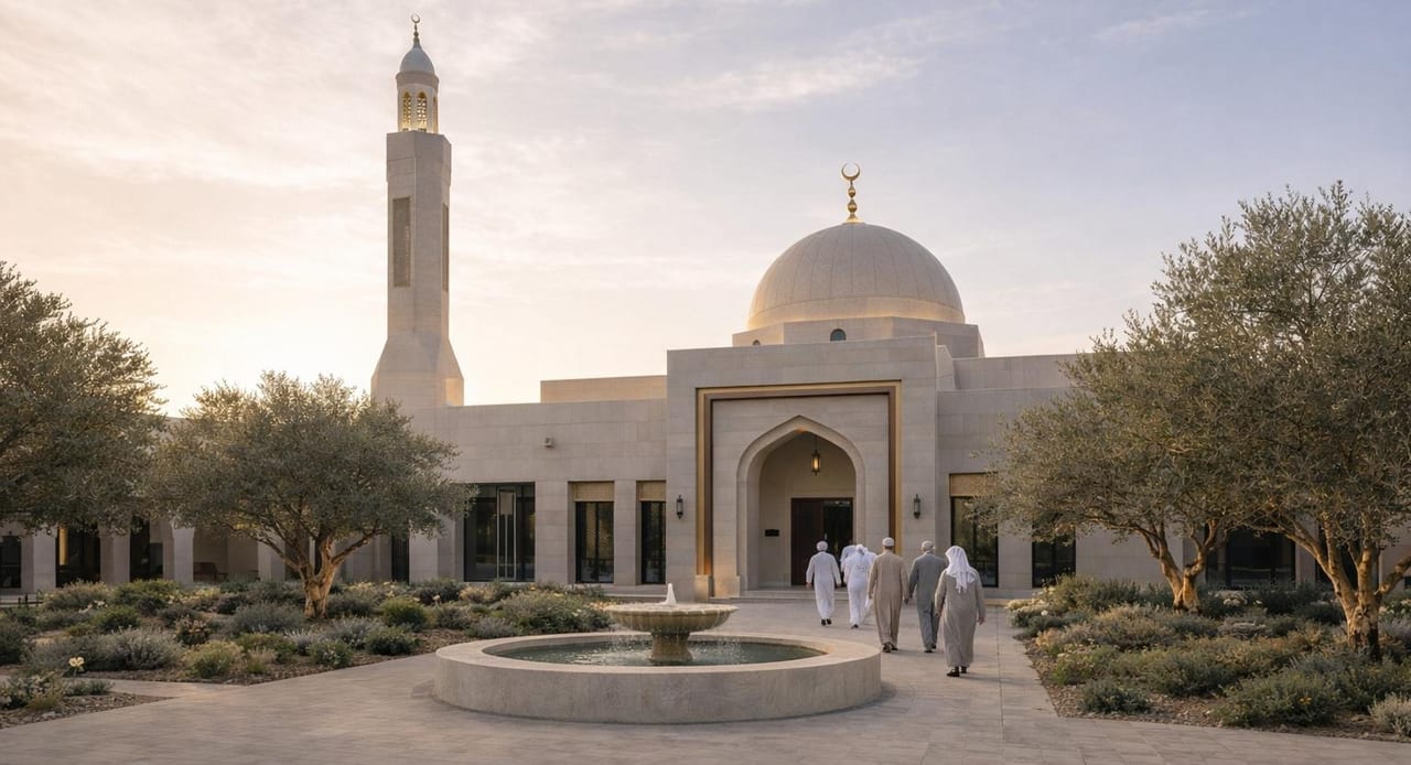 The mosque seen across water at first light.
