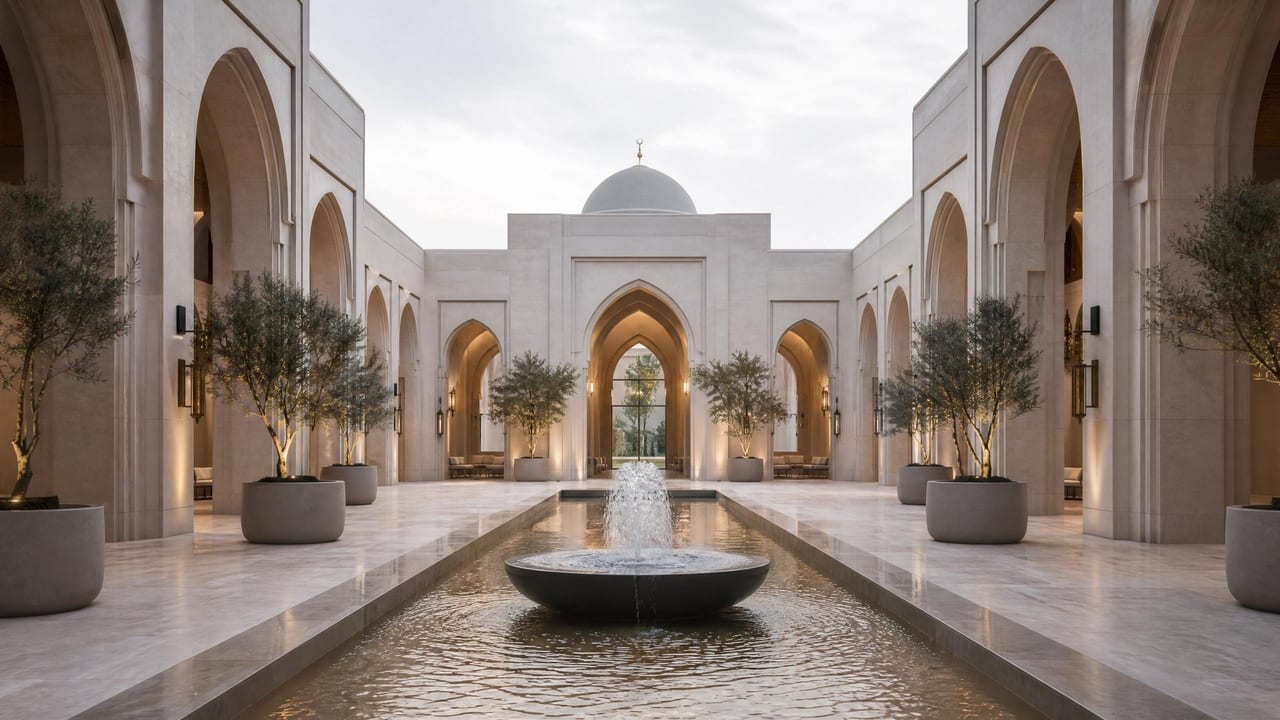 The arched prayer courtyard of the mosque, shade falling across carved stone.