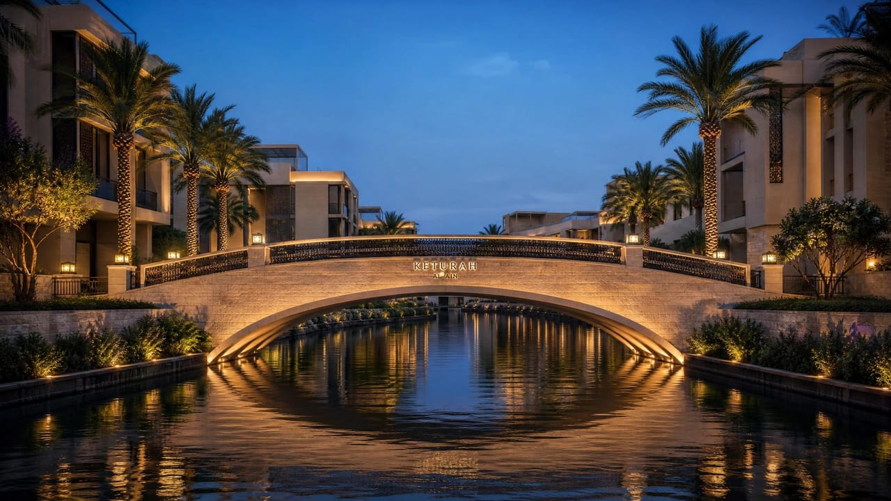 A stone footbridge crossing the canal beneath palms.