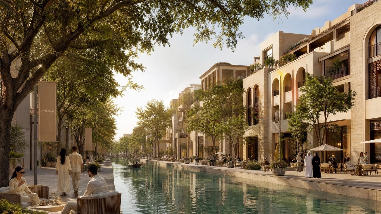 The canal promenade, water threading between shaded walkways.