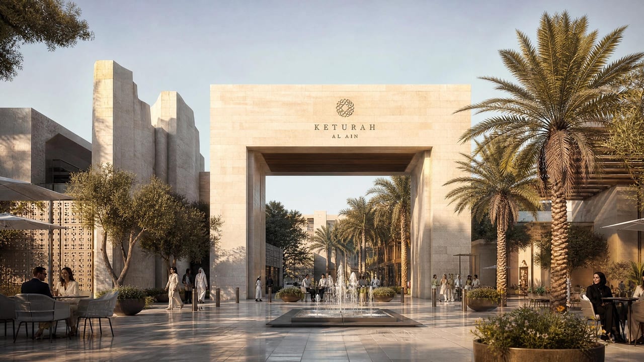 The plaza gate — a tall stone portal opening to the community square.