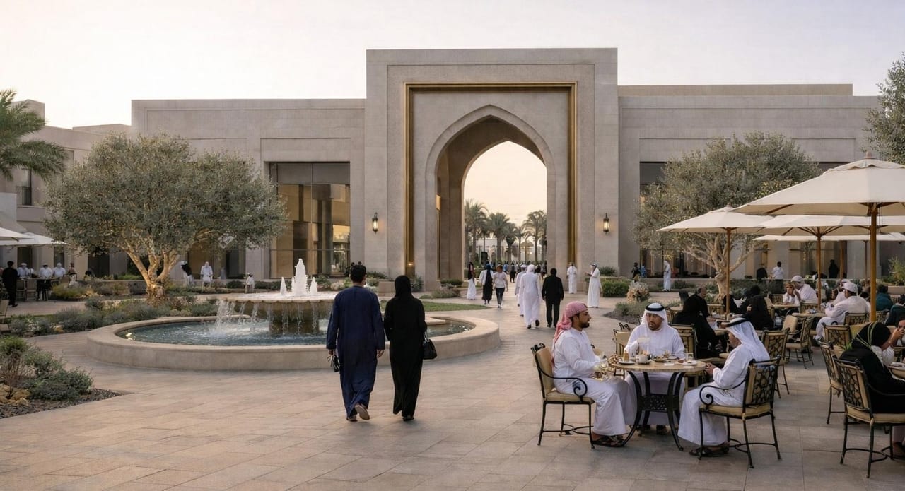 The stone plaza gate in daylight.
