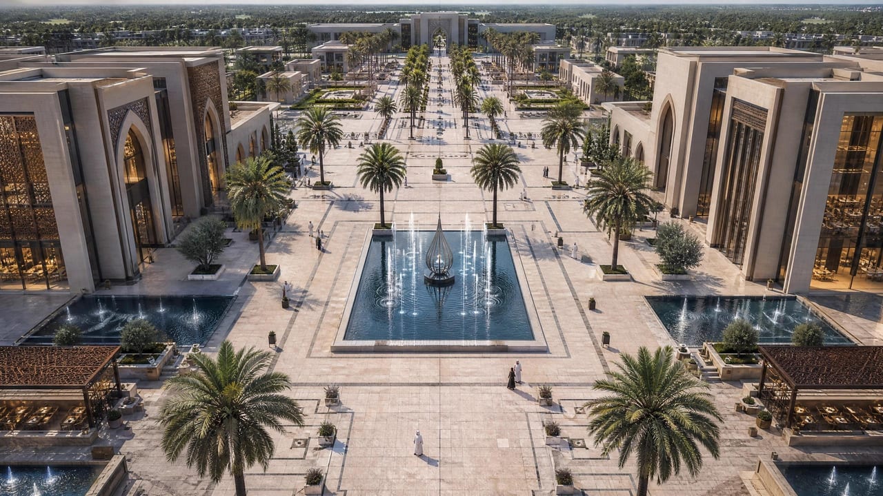 Aerial view of the community plaza and its surrounding arcades and gardens.