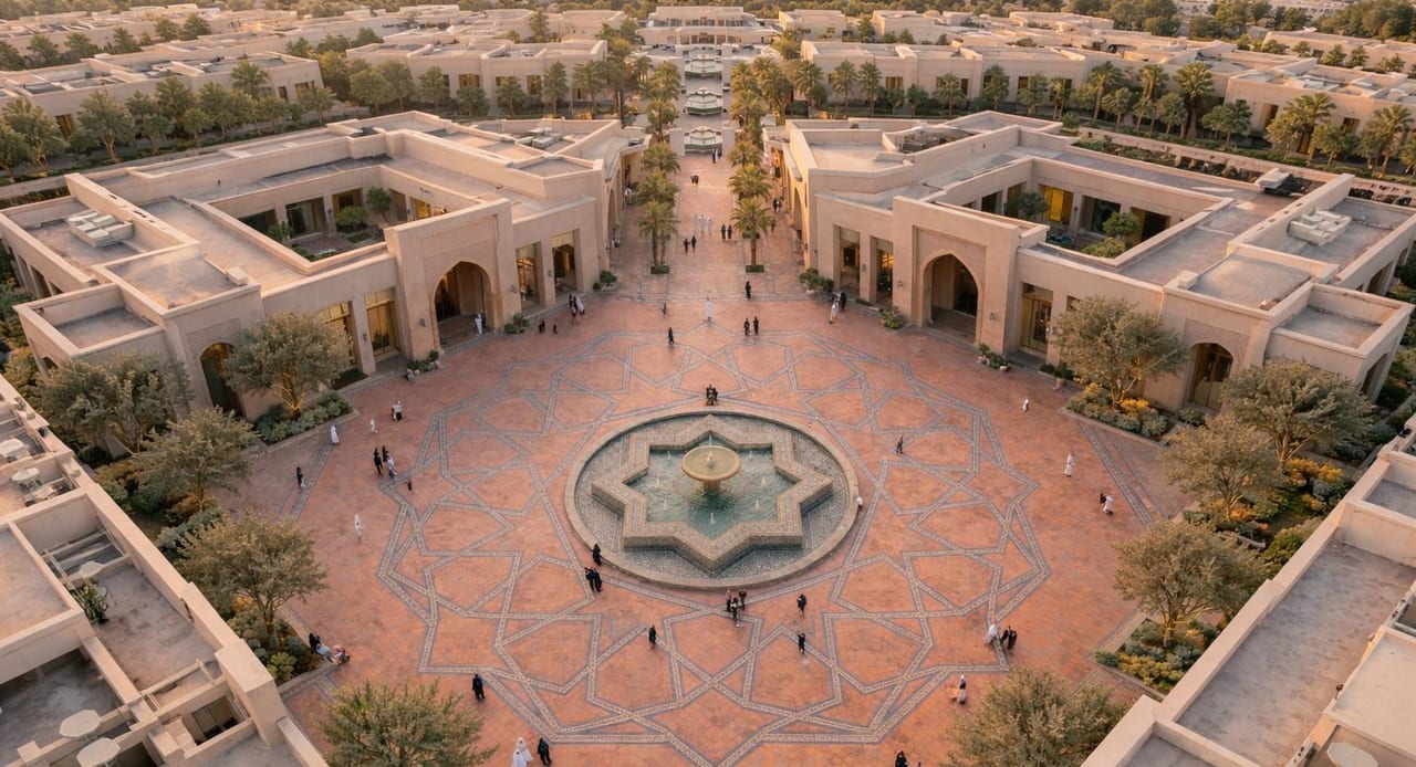Aerial study of the plaza and market grounds.