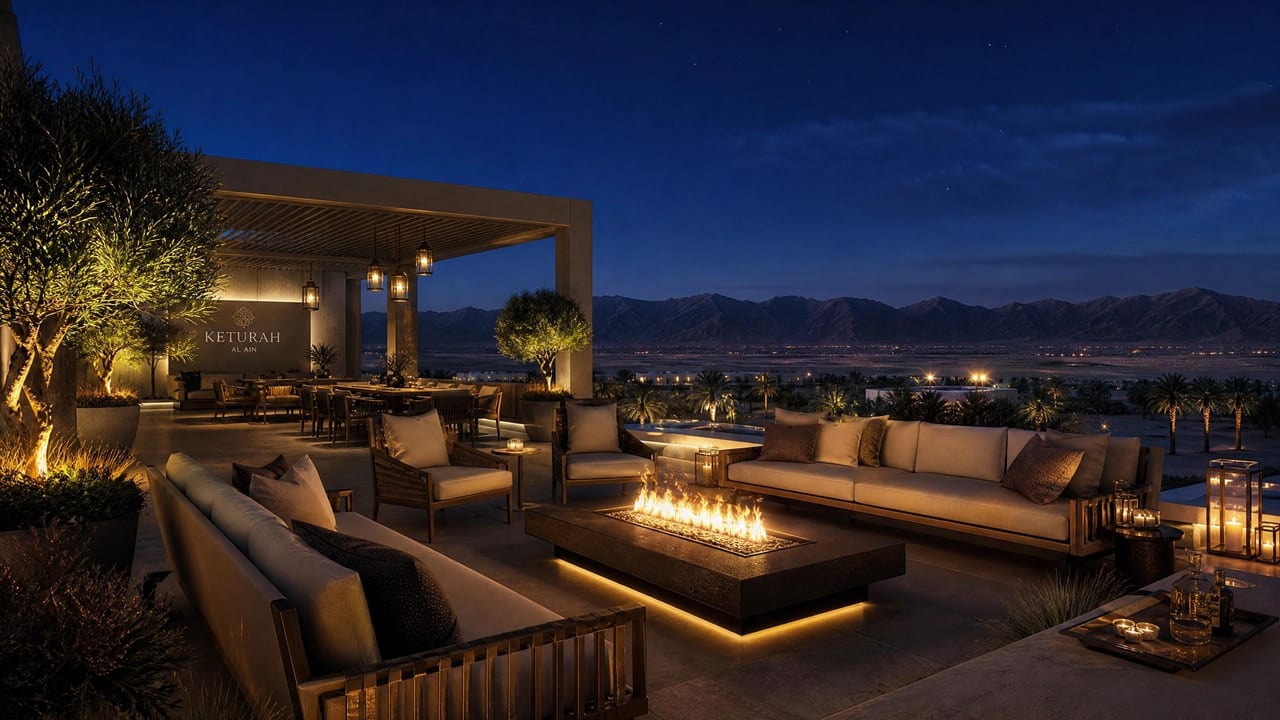 A rooftop terrace at night, low seating and lanterns beneath the desert stars.