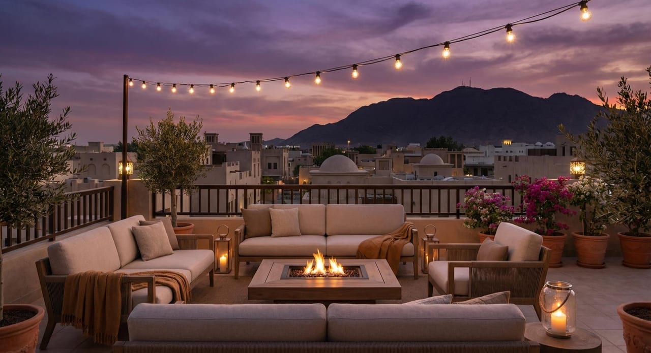 The rooftop terrace lounge after dark.