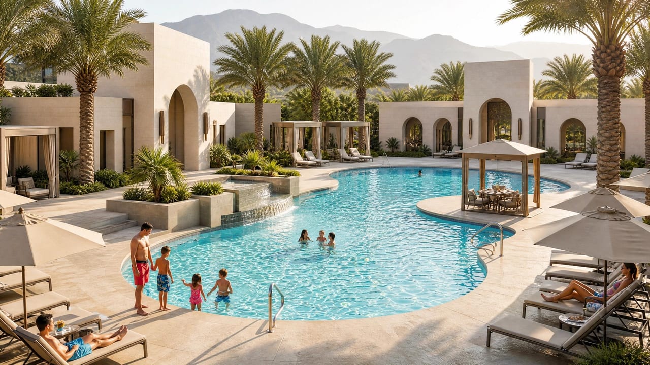 The community swimming pool alive with families under a bright sky.