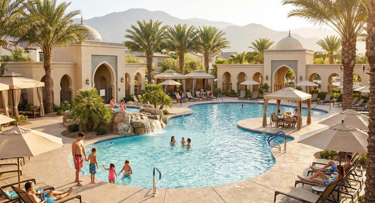 Swimmers and loungers at the community pool.
