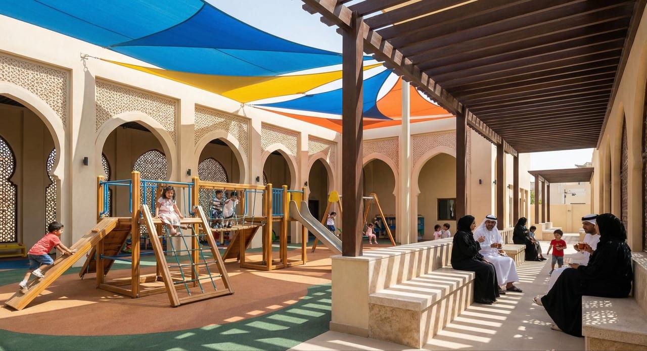 Children at play in the shaded discovery zone.