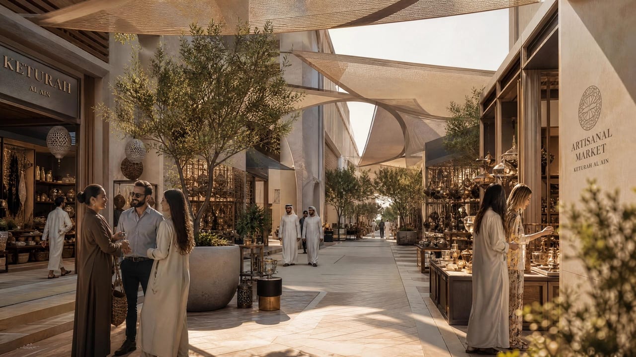 The covered market lanes, stalls and produce beneath a timber canopy.