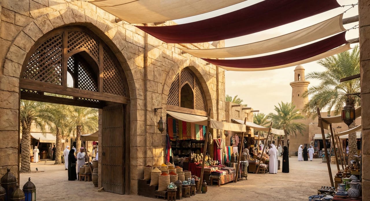 Shoppers among the shaded market stalls.