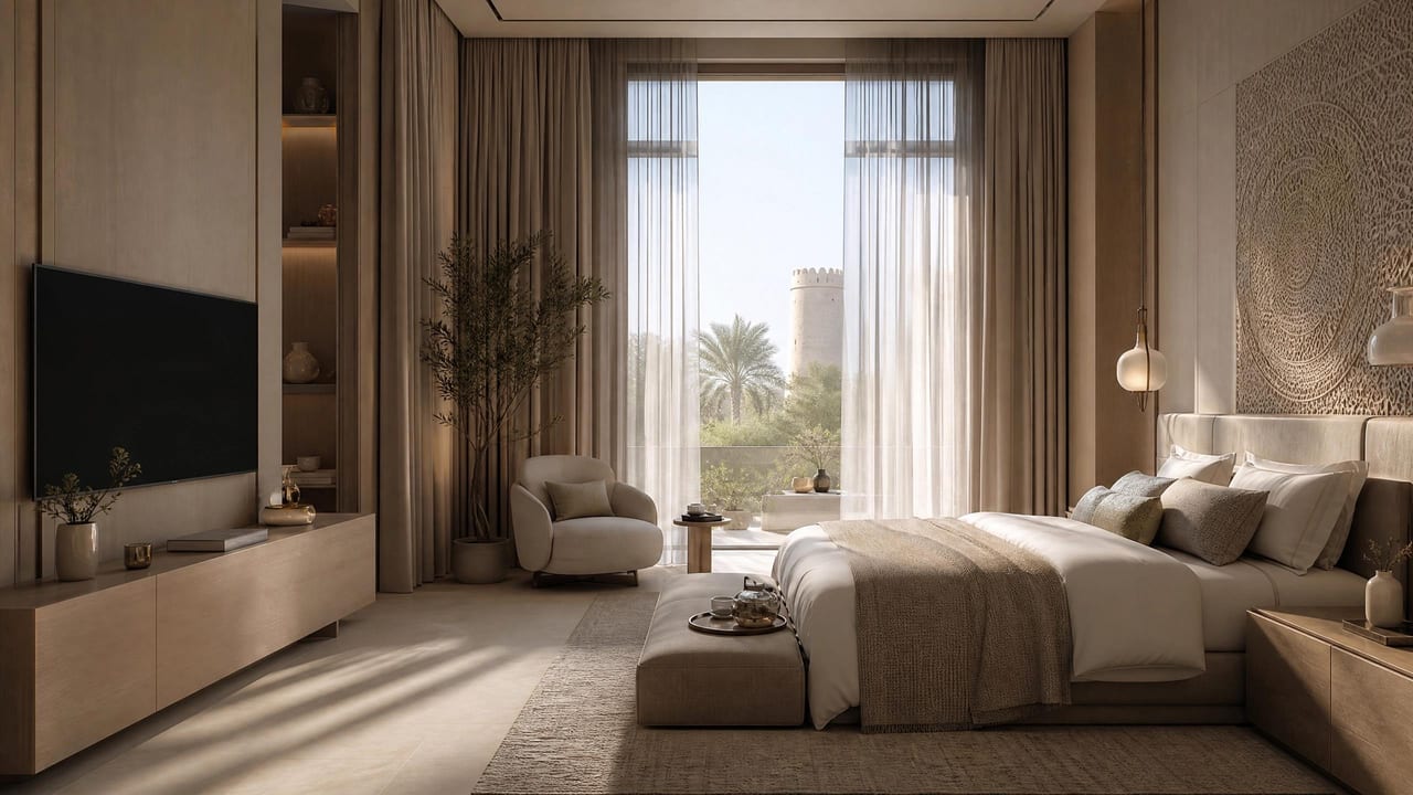 A principal bedroom in warm neutral tones, soft daylight through timber screens.