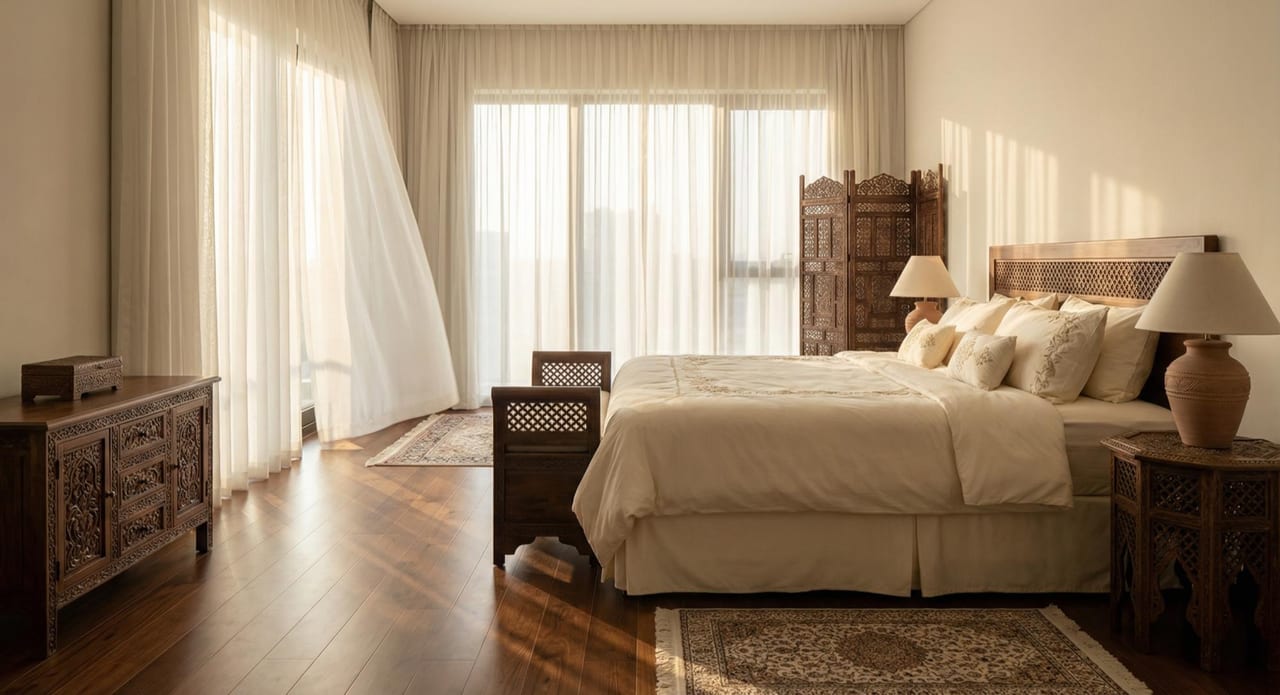 The bedroom suite with layered natural textiles.
