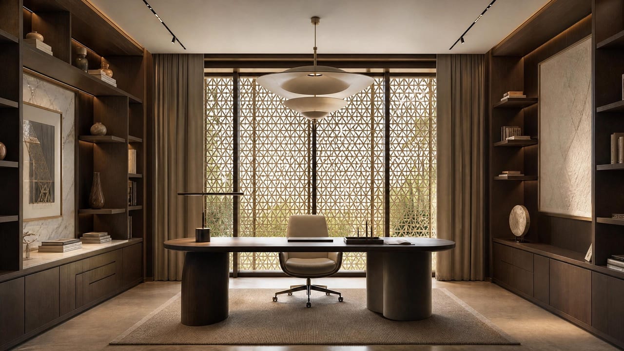A study lined with timber shelving and a quiet reading corner.