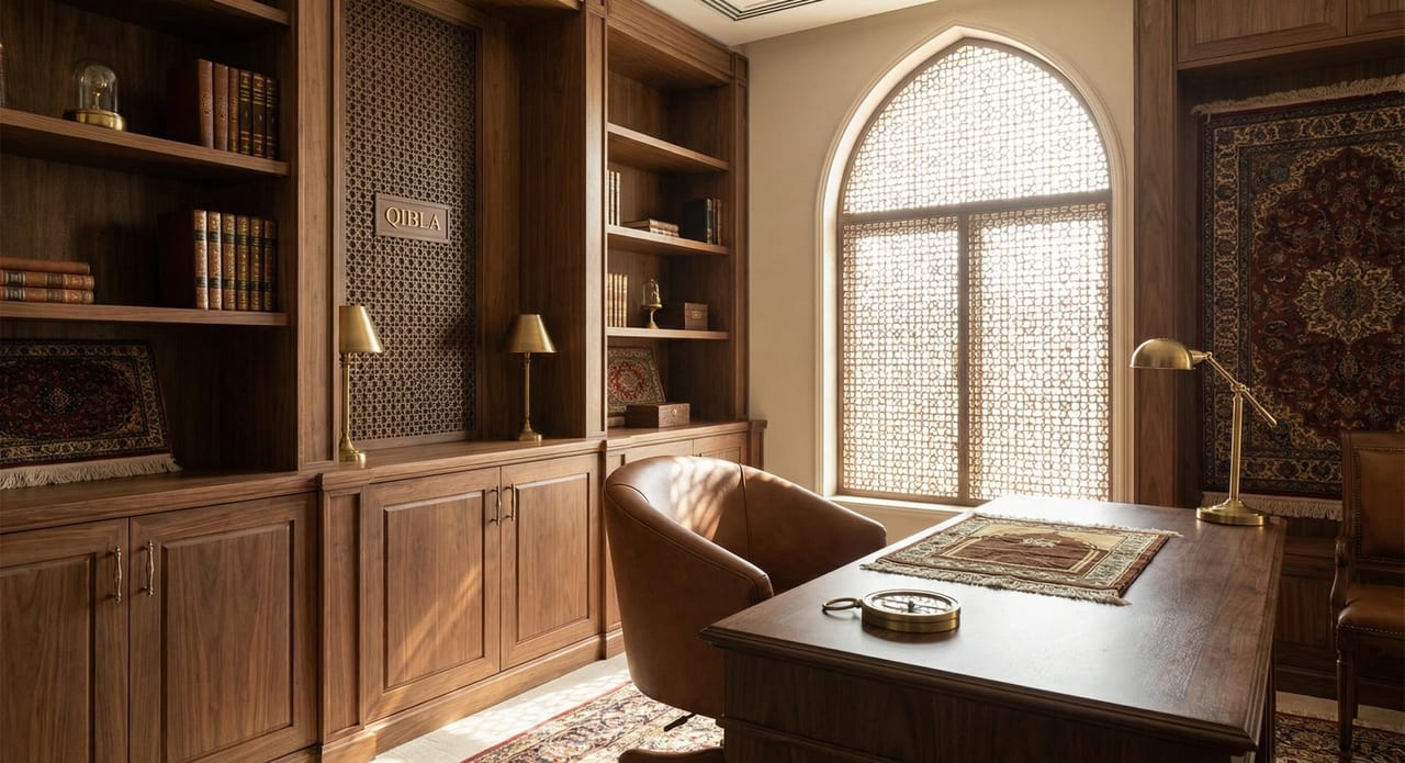 The study's desk beneath an arched window.