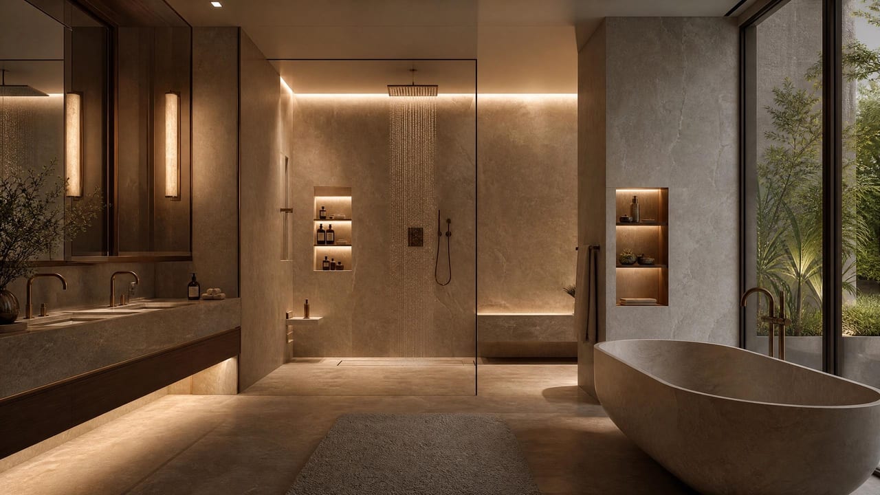 A stone bathroom with a freestanding tub set against an arched niche.