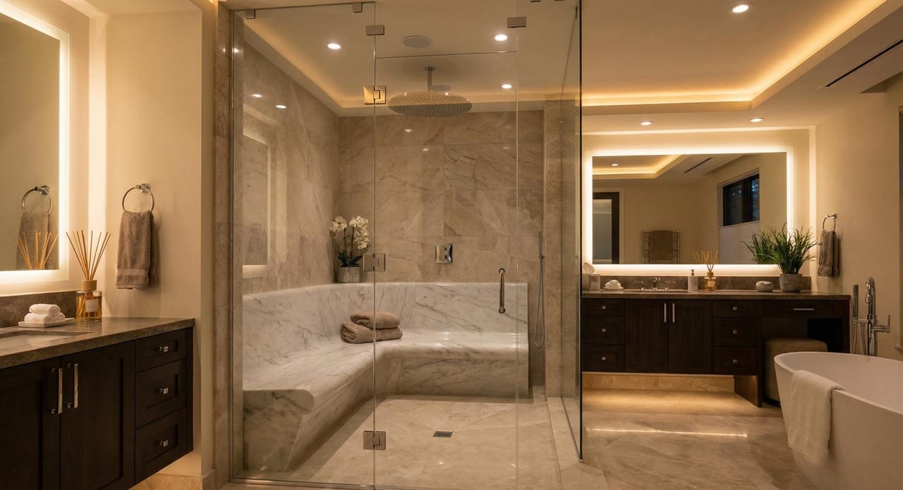 The bathroom's carved stone vanity and mirror.