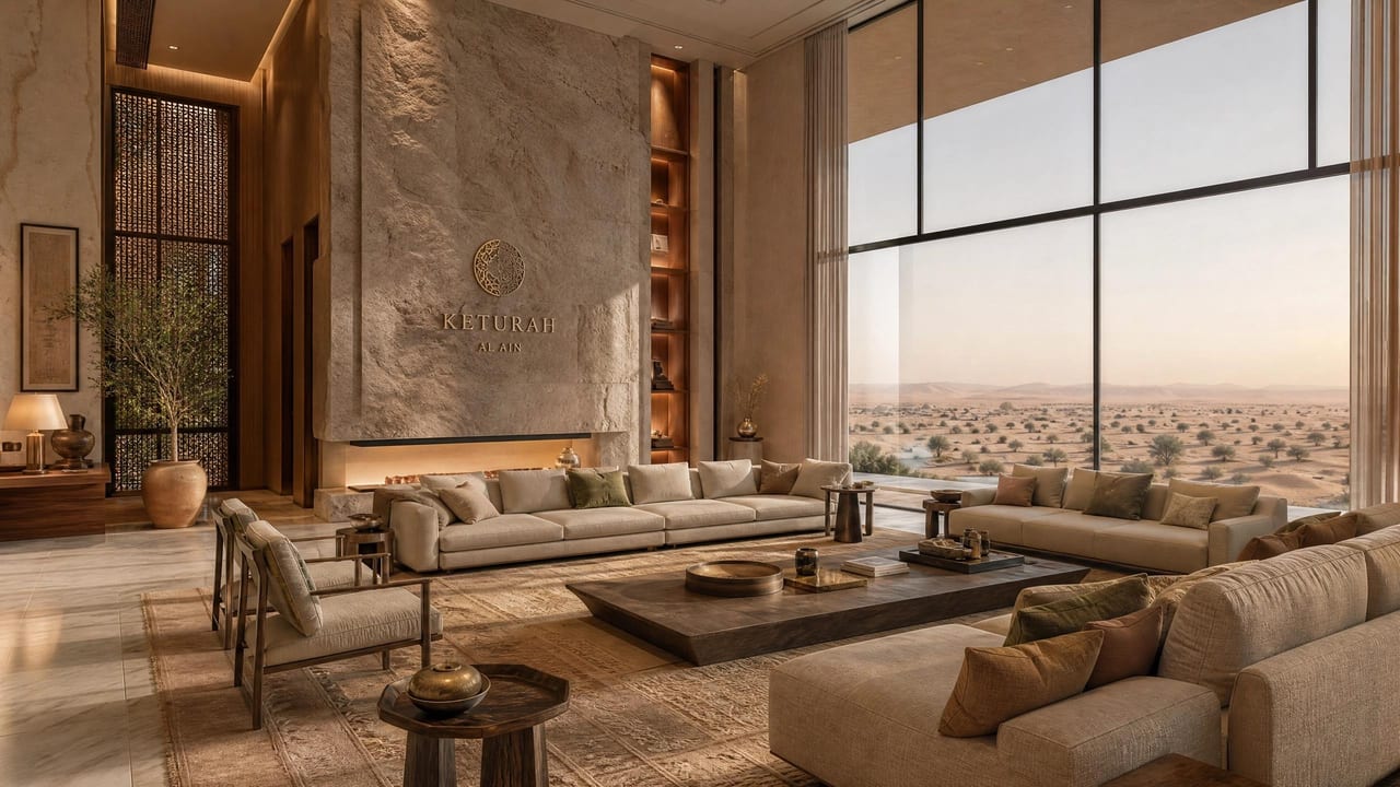 A living room in earth tones, deep sofas gathered beneath a high timber ceiling.
