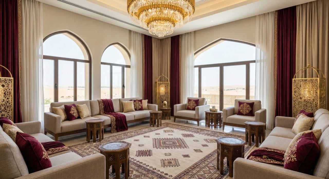 The living room opening to the courtyard through tall doors.