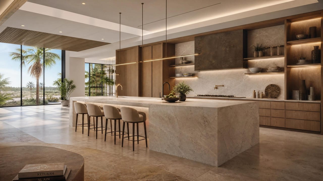 A kitchen in pale stone and timber with a generous central island.