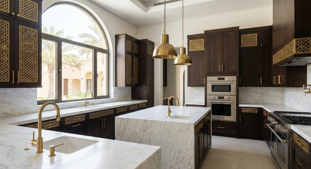 The kitchen's stone counters and integrated joinery.