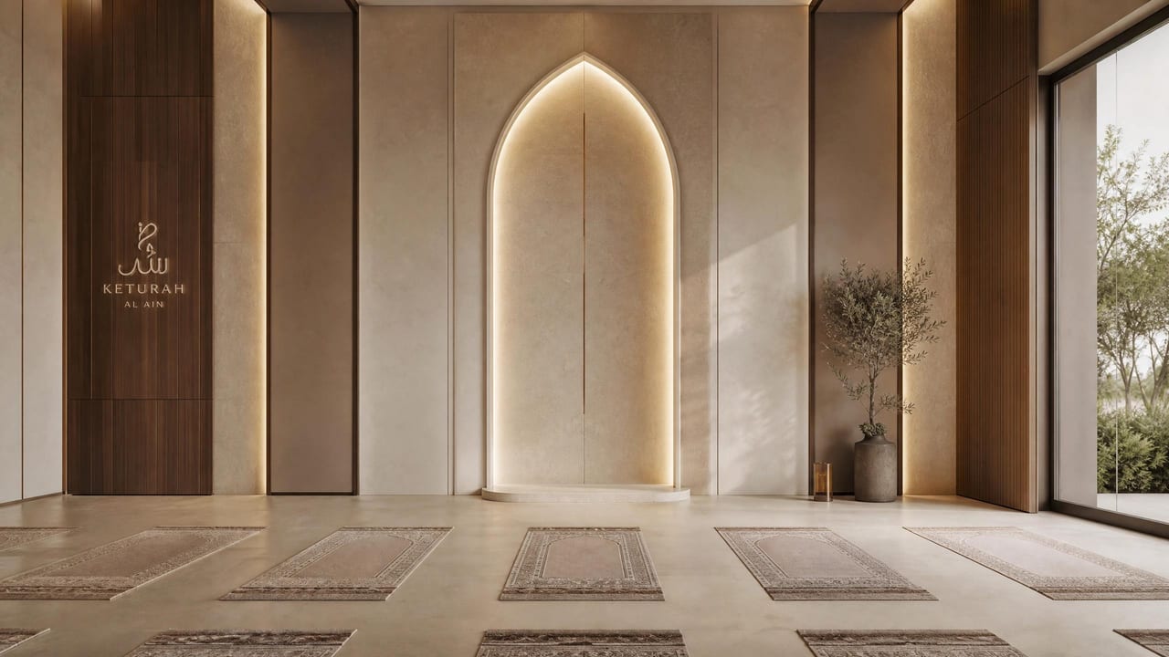 A private prayer room, an arched alcove oriented to the Qibla in soft light.