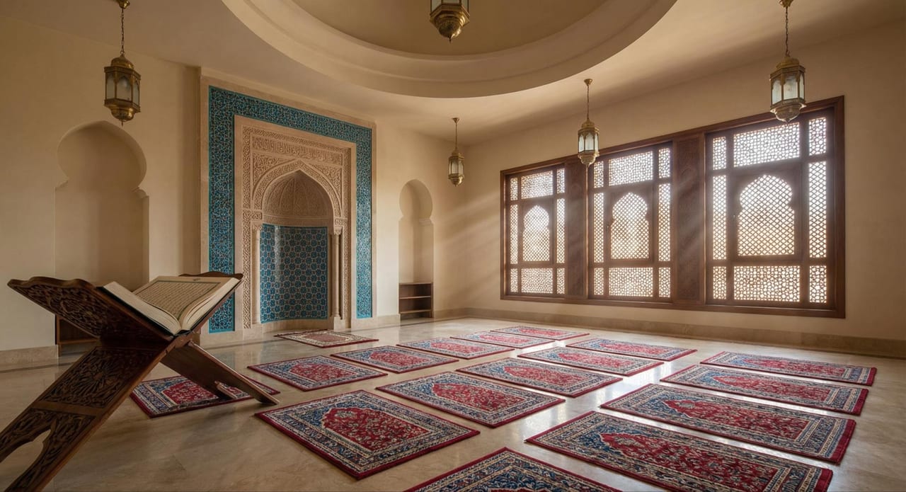 The prayer room's quiet threshold and carpet.