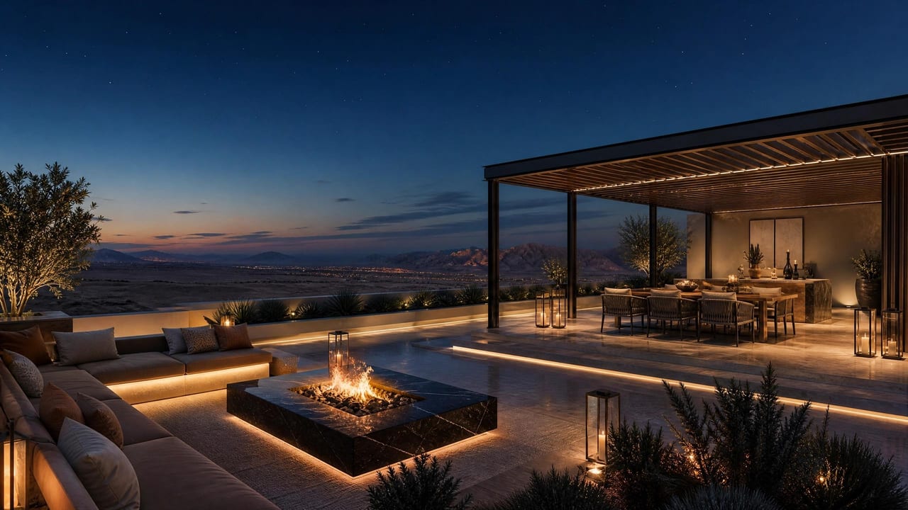 A living terrace at night, glass walls dissolving into a lit garden.